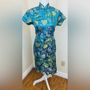 Chic Blue Sheath Dress with Mandarin Collar